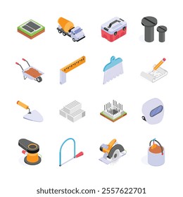 This image showcases a collection of colorful, isometric illustrations of various construction tools and materials