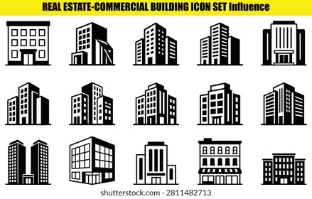 This image showcases a collection of commercial building facades rendered in a two-tone style. The structures feature rectilinear forms and repetitive window arrangements representing modern architectural designs. Each building is a simplified depiction of a multi-story structure.