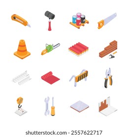 This image showcases a collection of construction tools and materials in an isometric style