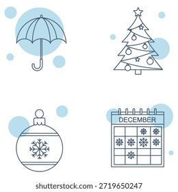 Dieses Bild zeigt eine Kollektion von Winterurlaub-Ikonen im Dezember. Es umfasst einen festlichen Weihnachtsbaum, ein elegantes Schneeflocken-Ornament, einen saisonalen Schirm und einen Kalender mit verschneiten Dezembertagen. Perfekt für saisonale Designs.