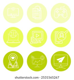 This image showcases a collection of digital and internet-related icons, including wireless display, file transfer, gaming, global web access, video streaming, user search, location tracking, analytic