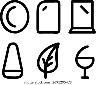 Esta Imagen muestra una colección de diversos íconos de línea, incluyendo una placa, rectángulo, ventana, lápiz, hoja y vidrio, perfecto para diversas necesidades de diseño.