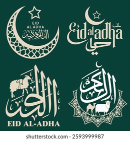 This image showcases a collection of Eid Al-Adha designs, featuring intricate calligraphy, crescent moons, stars, sheep, and camels.