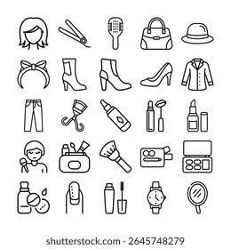 This image showcases a collection of fashion and beauty related icons, all presented in a simple, clean outline style.