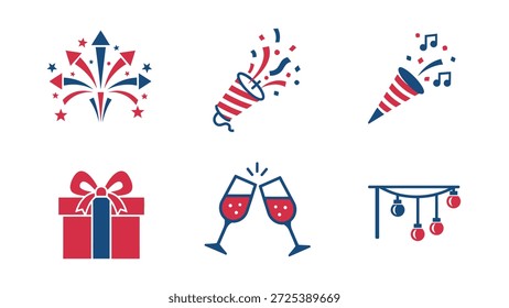 Esta imagem mostra uma coleção de ícones de vetores festivos. Os elementos incluem fogos de artifício, biscoitos, caixas de presente, taças de champanhe e luzes decorativas de corda. O design emprega um estilo gráfico plano com uma paleta de cores limitada. Estes visuais versáteis são adequados para vários projetos de design, incluindo conteúdo digital.