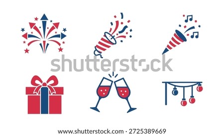 This image showcases a collection of festive vector icons. Elements include fireworks displays, party crackers, gift boxes, clinking champagne glasses, and decorative string lights. The design employs a flat, graphic style with a limited color palette. These versatile visuals are suitable for various design projects, including digital content.