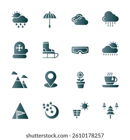 This image showcases a collection of flat, dark teal icons representing various winter and outdoor activities and elements.