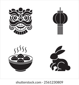 This image showcases a collection of four iconic black and white icons representing Chinese New Year traditions.