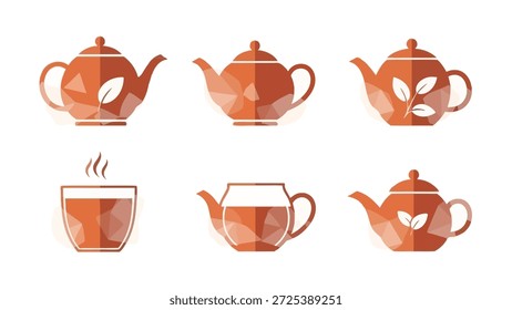 Esta Imagen muestra una colección de teteras geométricas y una taza, todas en tonos de naranja. El diseño incorpora un estilo low-poly, sugiriendo una ilustración digital. Estos Elementos pueden ser adecuados para su uso en Materiales promocionales para la industria de alimentos y bebidas o como Elementos gráficos decorativos.