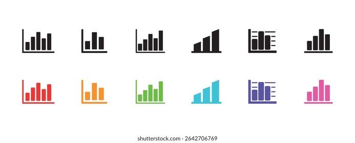 This image showcases a collection of graph icons in both black and a vibrant array of colors like red, orange, green, blue, purple, and pink, against a clean white background.