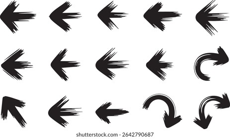 This image showcases a collection of hand drawn arrows, featuring a distinctive brush stroke texture. The arrows are presented in black silhouette against a white background