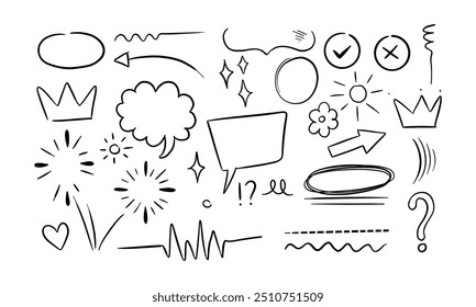 Esta Imagen muestra una colección de Elementos de doodle dibujados a mano, que incluyen flechas, círculos, coronas, corazones, estrellas, flores y burbujas de discurso.