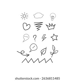 This image showcases a collection of hand-drawn doodle icons, including sun, cloud, lightbulb, heart, crown, question mark, speech bubbles, lightning, star, leaf, and arrow.