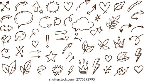 This image showcases a collection of hand-drawn doodles including directional arrows, speech bubbles, stars, hearts, lightning bolts, crowns, leaves, clouds, and various other icons. The illustrations are simple, stylized, and appear to be sketched freehand, giving them a casual and playful feel. The variety of symbols might be used for visual communication, storyboarding, or design projects.