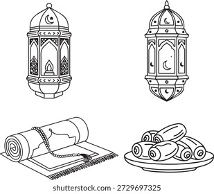 Esta Imagen muestra una colección de ilustraciones relacionadas con el Ramadán, incluyendo dos faroles con motivos de luna creciente, una alfombra de oración con un rosario y un plato de dátiles. Las ilustraciones se presentan en un estilo simple de arte lineal en blanco y negro, enfatizando el significado cultural y religioso de los artículos representados durante el mes sagrado del Ramadán.