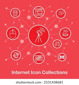 This image showcases a collection of internet-related icons in red, highlighting modern technologies such as satellite communication, 5G, digital security, online collaboration, and smart devices