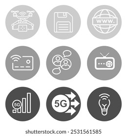 This image showcases a collection of internet-related icons featuring drones, file storage, global web, wireless payment, communication, 5G technology, and digital innovation for modern connectivity