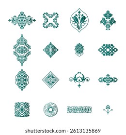 This image showcases a collection of intricate, teal-colored decorative designs, suitable for use in various design projects.