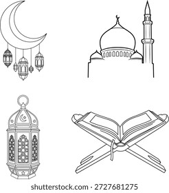 This image showcases a collection of Islamic symbols and objects, including a crescent moon with hanging lanterns, a mosque with a minaret, an ornate lantern, and an open book on a stand, representing key elements of Islamic faith and culture.