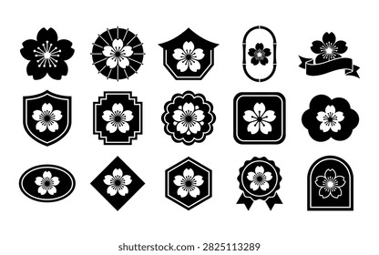 This image showcases a collection of Japanese cherry blossom floral badges and ribbons, presented as a striking black silhouette against a white background.