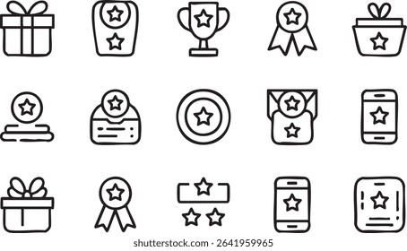 This image showcases a collection of line art icons featuring awards, gifts, and stars. The distinctive silhouette style provides a clean and modern aesthetic, perfect for various design applications