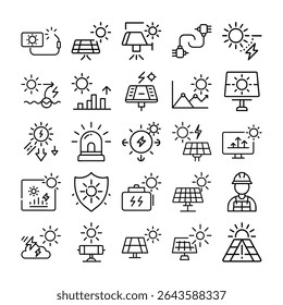 Dieses Bild zeigt eine Kollektion von Liniensymbolen, die Solarenergie, erneuerbare Energiequellen und nachhaltige Technologiekonzepte in einem sauberen, minimalistischen Stil darstellen.