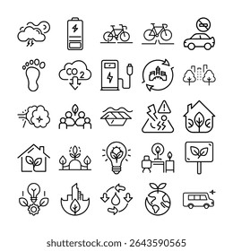This image showcases a collection of line art icons representing various aspects of environmental sustainability, renewable energy, and eco-friendly practices, promoting a greener lifestyle.