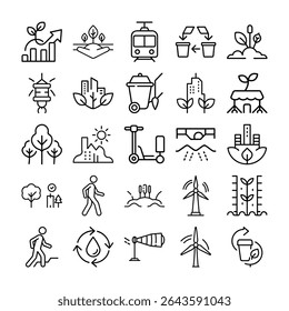 This image showcases a collection of line icons related to ecology, sustainability, and environmental awareness, all presented in a clean, minimalist style.