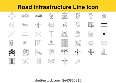 This image showcases a collection of line icons representing diverse aspects of road infrastructure, including road markings, traffic signals, and roadside amenities.