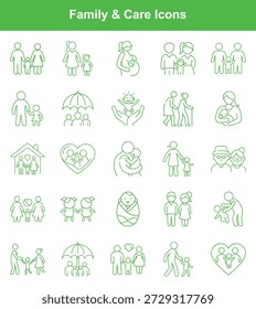 This image showcases a collection of line art pictograms symbolizing various aspects of family, care, and life stages, including pregnancy, newborns, elderly care, and family relationships.