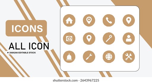 This image showcases a collection of minimalist icons related to contact information, location services, and settings, all presented in a neutral color scheme.