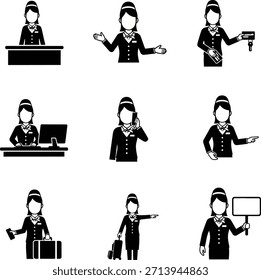 Esta Imagen muestra una colección de íconos minimalistas en blanco y negro que representan al personal del hotel en varios roles de servicio. El conjunto incluye ilustraciones de recepcionistas, trabajadores que manipulan equipaje, y