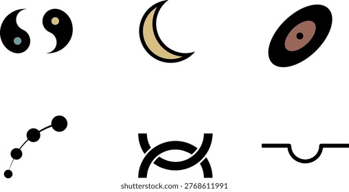 This image showcases a collection of minimalist symbols that represent various cosmic and alchemical themes. The top left depicts the yin-yang symbol, illustrating balance and duality. Adjacent to it is a crescent moon symbolizing lunar phases. The top right features a planetary or celestial body, potentially representing a planet or cosmic entity with an inner core. The bottom left shows a series of connected dots, which could symbolize constellations or a network. The middle bottom displays an infinity symbol or a knot, often associated with eternity and interconnectedness. The bottom right shows a wavy line, which might symbolize energy, fluidity, or the flow of time.
