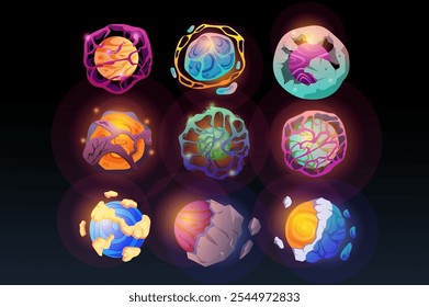 This image showcases a collection of nine unique, colorful planet illustrations. Vector illustration