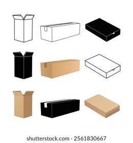 This image showcases a collection of nine different box designs, presented in three rows and three columns. The boxes vary in style, color, and illustration type, including both vector and realistic 