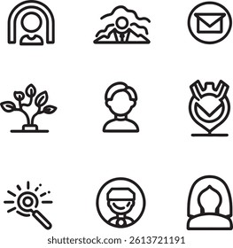 This image showcases a collection of nine simple, black line icons representing different concepts.