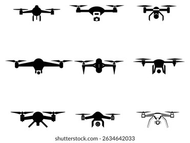 This image showcases a collection of nine distinct black drone silhouettes against a clean white background; each drone features varied rotor setups and camera systems, displayed in a vector format.