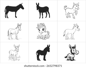 Esta imagem mostra uma coleção de nove ilustrações de burro em uma grade preta e branca. Os desenhos variam de silhuetas a estilos detalhados de desenhos animados.