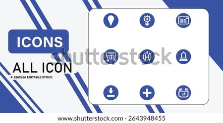 This image showcases a collection of nine blue and white icons on a white rounded rectangle, set against a background with blue stripes.