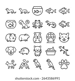 This image showcases a collection of outline icons representing various pets, including mammals, reptiles, birds, and fish, along with pet accessories.