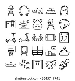 Esta imagem mostra uma coleção de ícones representando vários aspectos da infância, do jogo e da vida doméstica em um estilo simples e minimalista.