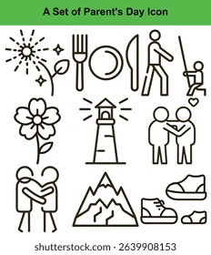 This image showcases a collection of Parent's Day icons with black line art including family, nature, and celebration-themed designs on a white background illustration.