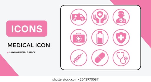 This image showcases a collection of pink medical icons, including an ambulance, doctor, stethoscope, pill, syringe, and more.
