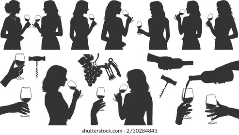 This image showcases a collection of silhouettes featuring women savoring wine, accompanied by various wine-related accessories and a grape cluster, all presented in a sleek black and white design.