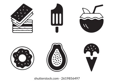 This image showcases a collection of simple, black and white vector graphics representing various summer treats and desserts.
