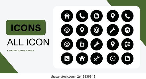 Esta imagem mostra uma coleção de ícones de vetor simples, preto e branco, perfeito para uso em web e design de aplicativos.