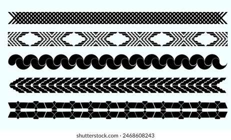 This image showcases a collection of six distinct geometric black and white border patterns Each border design is unique, featuring a variety of intricate shapes and repetitive motifs, perfect for use