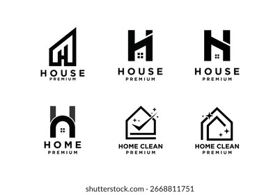 This image showcases a collection of six distinct black and white logos featuring stylized house and home symbols, some creatively incorporating the letter H.