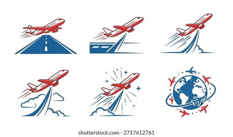 Esta Imagen muestra una colección de seis iconos de avión distintos y estilizados, perfectos para agencias de viajes o compañías aéreas, cada uno de los cuales representa diferentes aspectos de la aviación, el turismo y la aviación