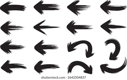 Esta imagem mostra uma coleção de dezesseis setas desenhadas à mão. As setas são apresentadas em estilo de silhueta preta, adicionando um toque artístico único. Eles variam em forma e direção